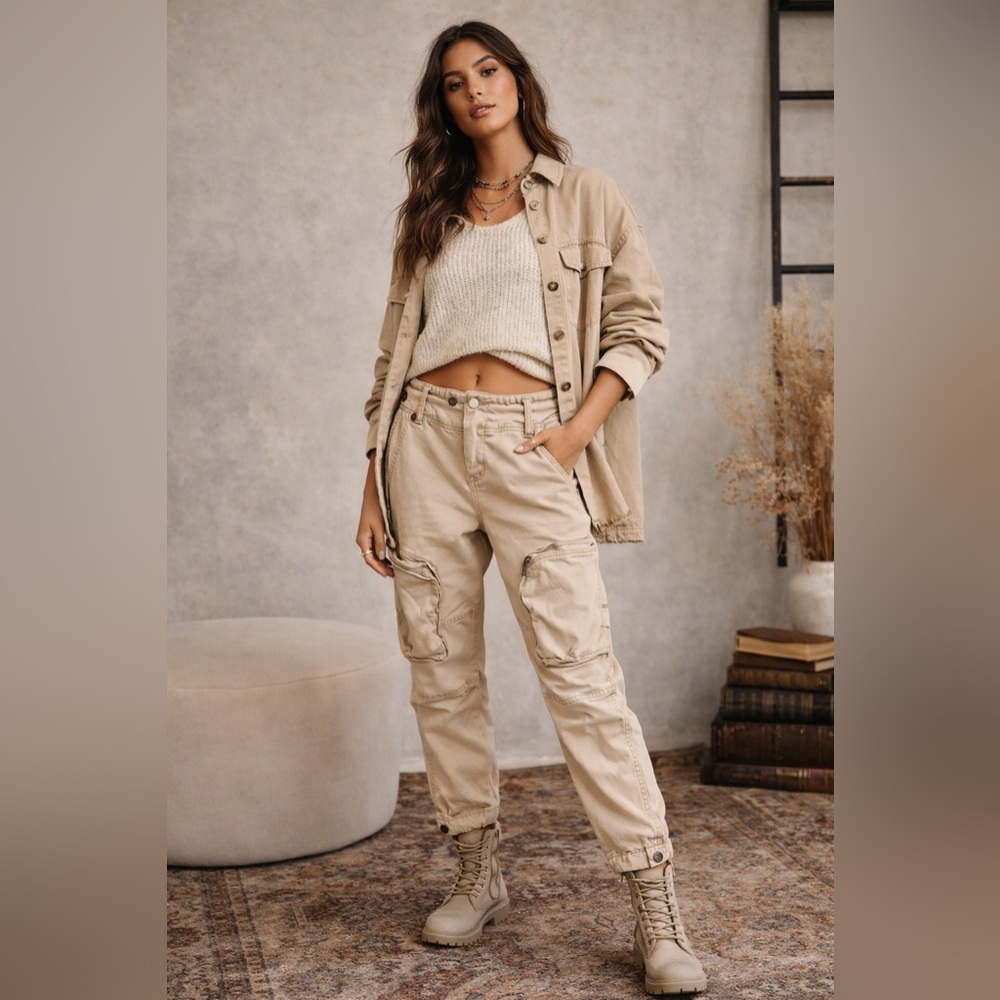 ✌🏼 Free People Cargo Joggers Beige Utility Boho Small We The Free - Picture 1 of 10